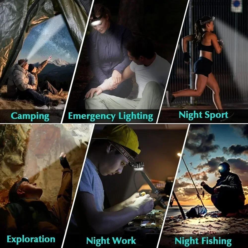 Lampe frontale pêche rechargeable USB haute luminosité 8 LED 4 modes IPX4 étanche pour activités extérieures