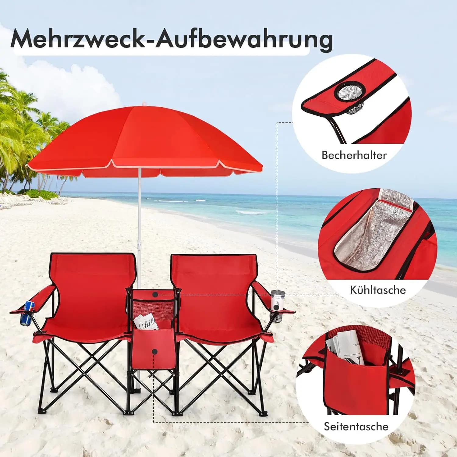 Siège pêche 2 places avec parasol glacière et porte-gobelet pliant pour camping plage