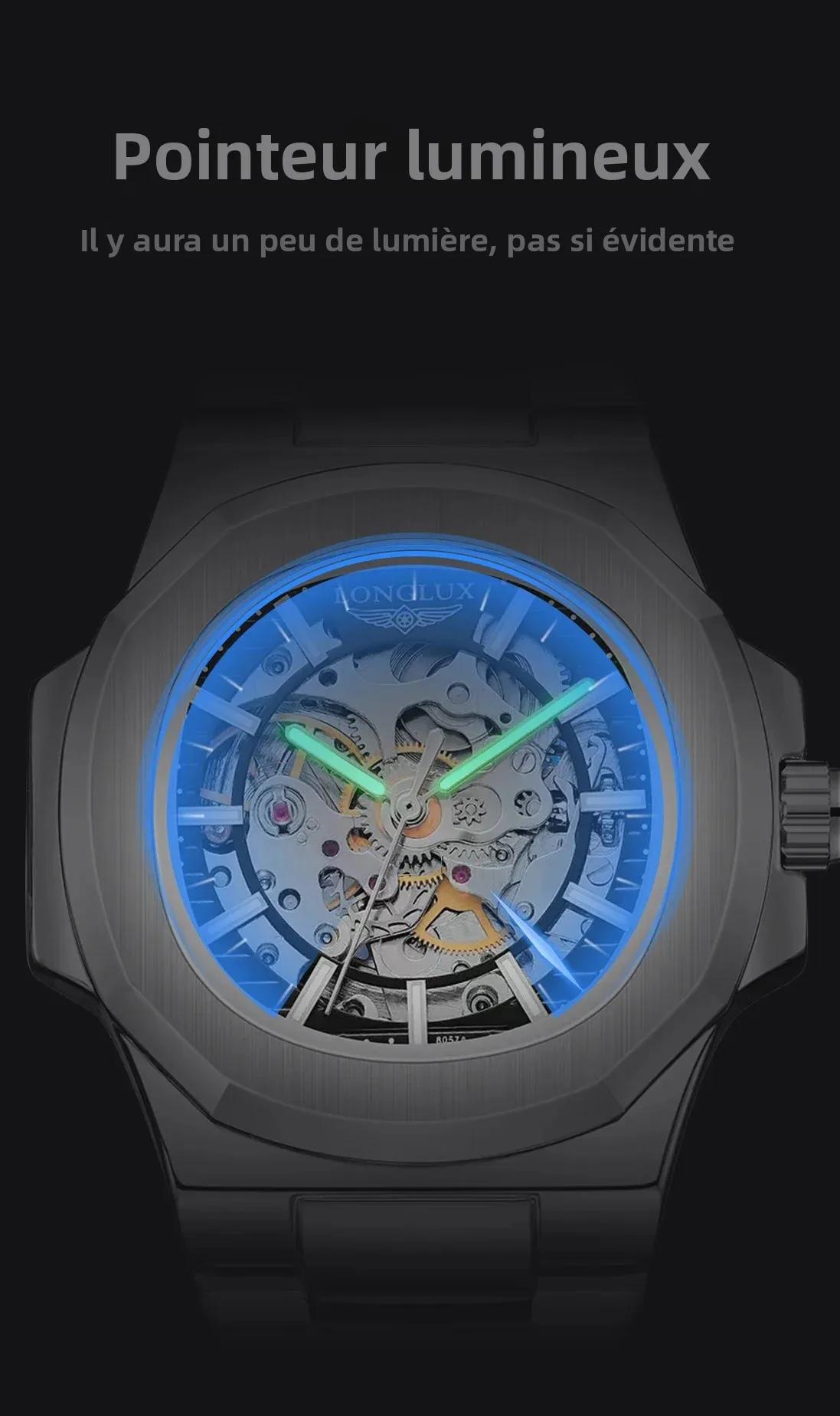 Montre automatique mécanique homme LONGLUX luxe squelette étanche acier inoxydable cadeau