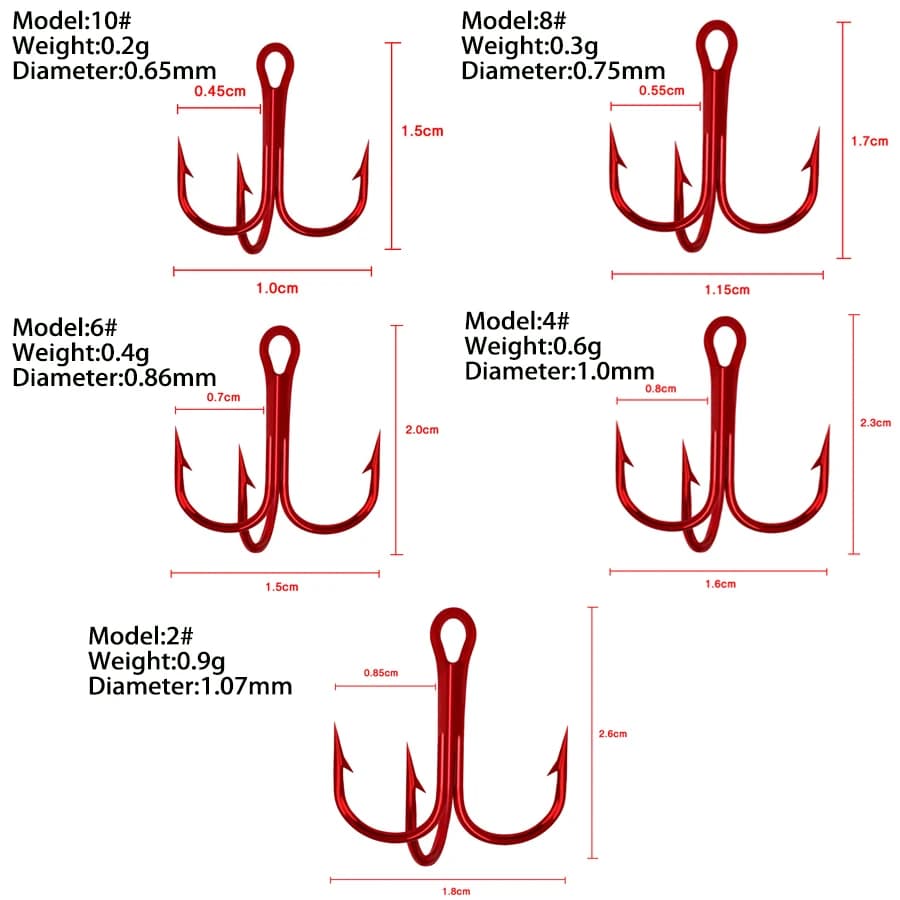 Hameçons triples rouges 50 pièces acier carbone - Kit pour leurres silure et bass tailles #2 à #10