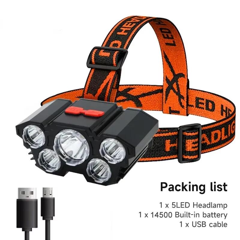 Lampe frontale rechargeable 5 LED avec batterie intégrée pour pêche aventure et camping