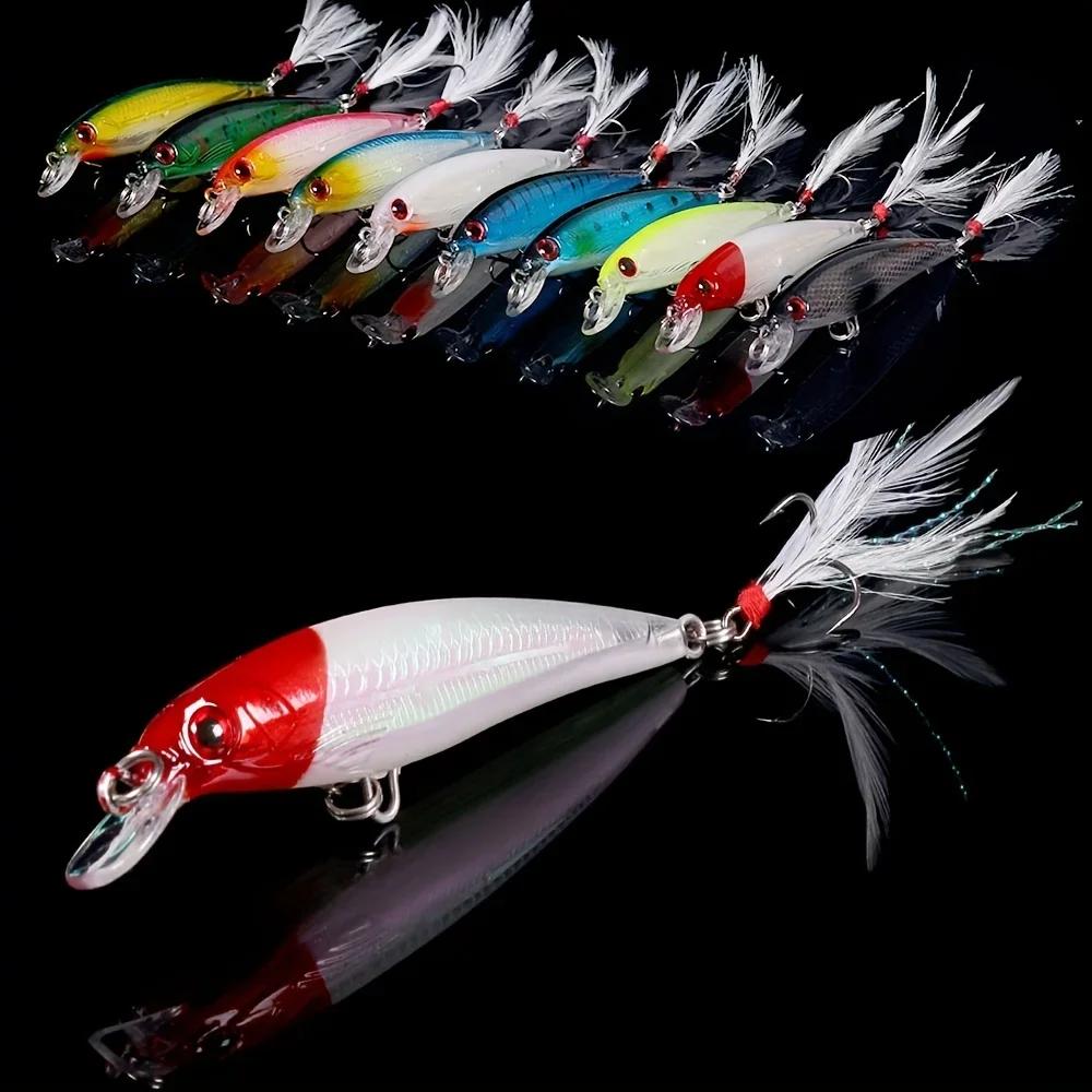 Set 10 leurres minnow avec plumes pour black bass - Leurres crankbait 9cm/7g prise rapide