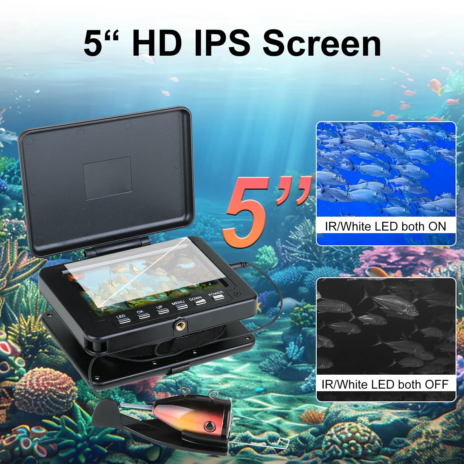 Caméra sous-marine pêche 5 pouces 1000TVL 15m/30m avec LEDs blancs et infrarouges pour glace mer rivière