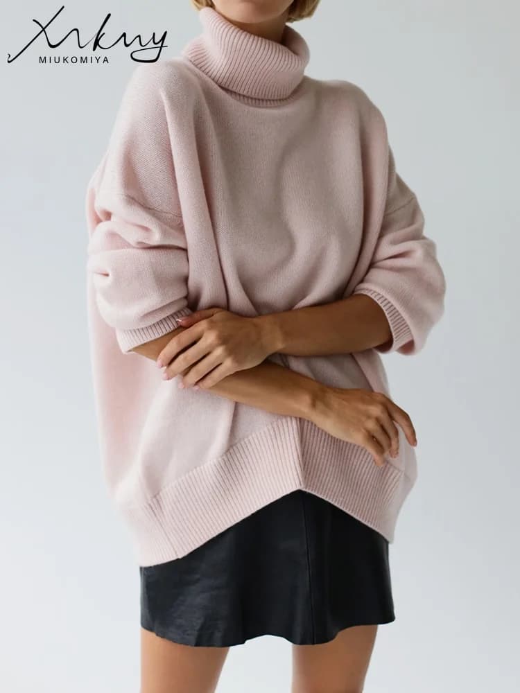 Pull col roulé femme gris foncé épais et chaud - Pullover d'hiver tricoté oversize