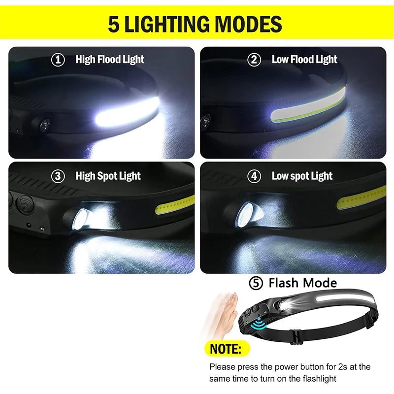 Lampe frontale pêche COB LED 5 modes capteur main rechargeable USB pour travail camping et pêche
