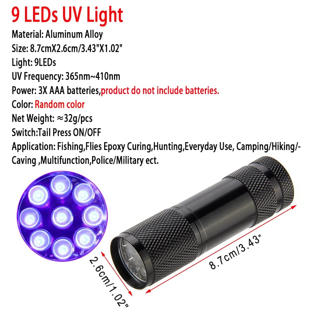 Lampe UV polymérisation 9LEDs 21LEDs 365nm-410nm pour montage mouches - Outil séchage epoxy nymphe