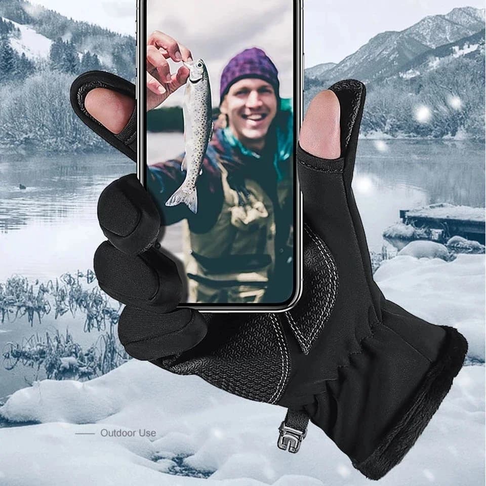 Gants de pêche hiver imperméables 2 doigts avec velours chaud pour hommes et femmes pêcheurs