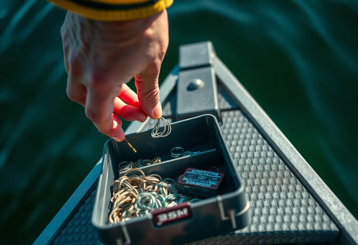 Une main dans une boîte à outils à bord d'un bateau sur un lac.