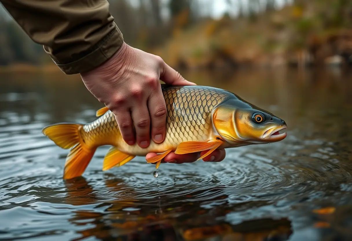 Main tenant de la pêche responsable : libérer les poissons avec soin