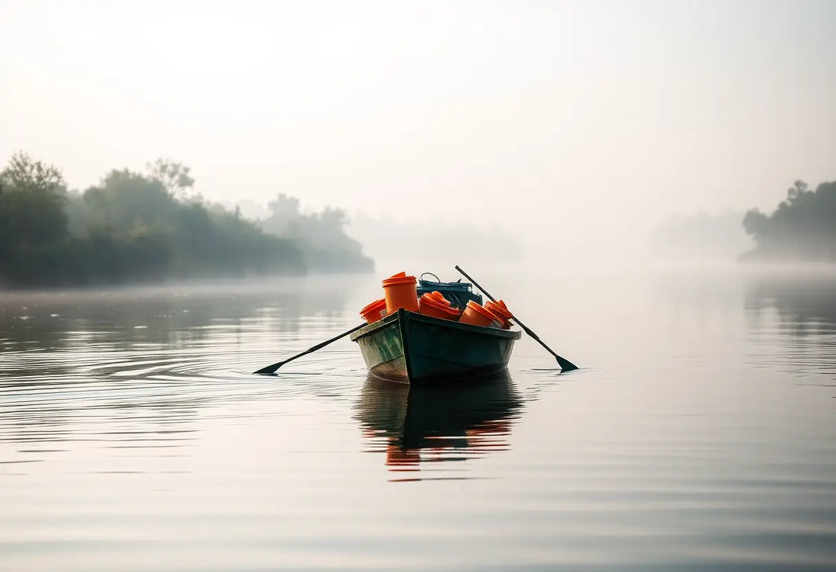 Bateau chargé de bacs de graine de pêche sur un fleuve calme
