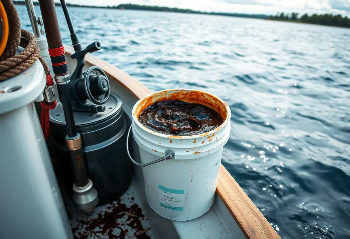 Unseau de bateau de pêche avec un seau d'amorçage