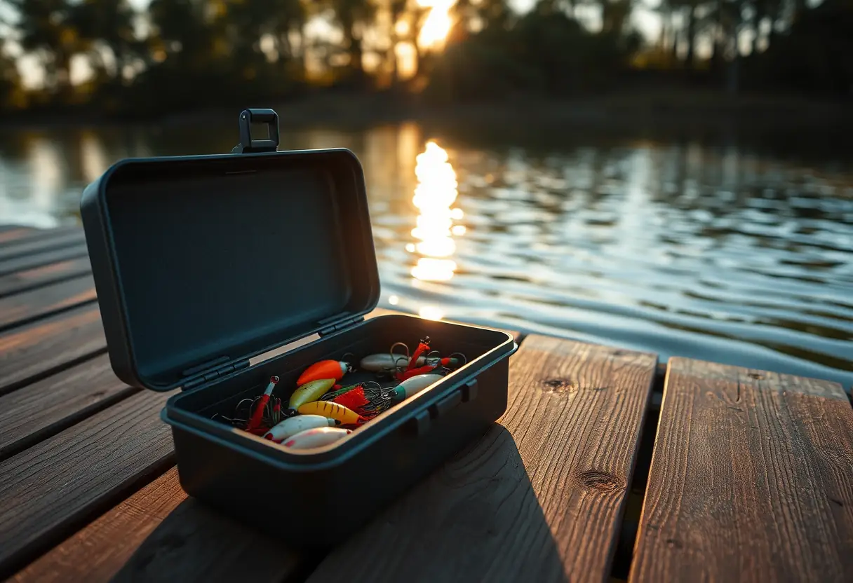 Un coffre à appâts sur un quai de bois au coucher du soleil