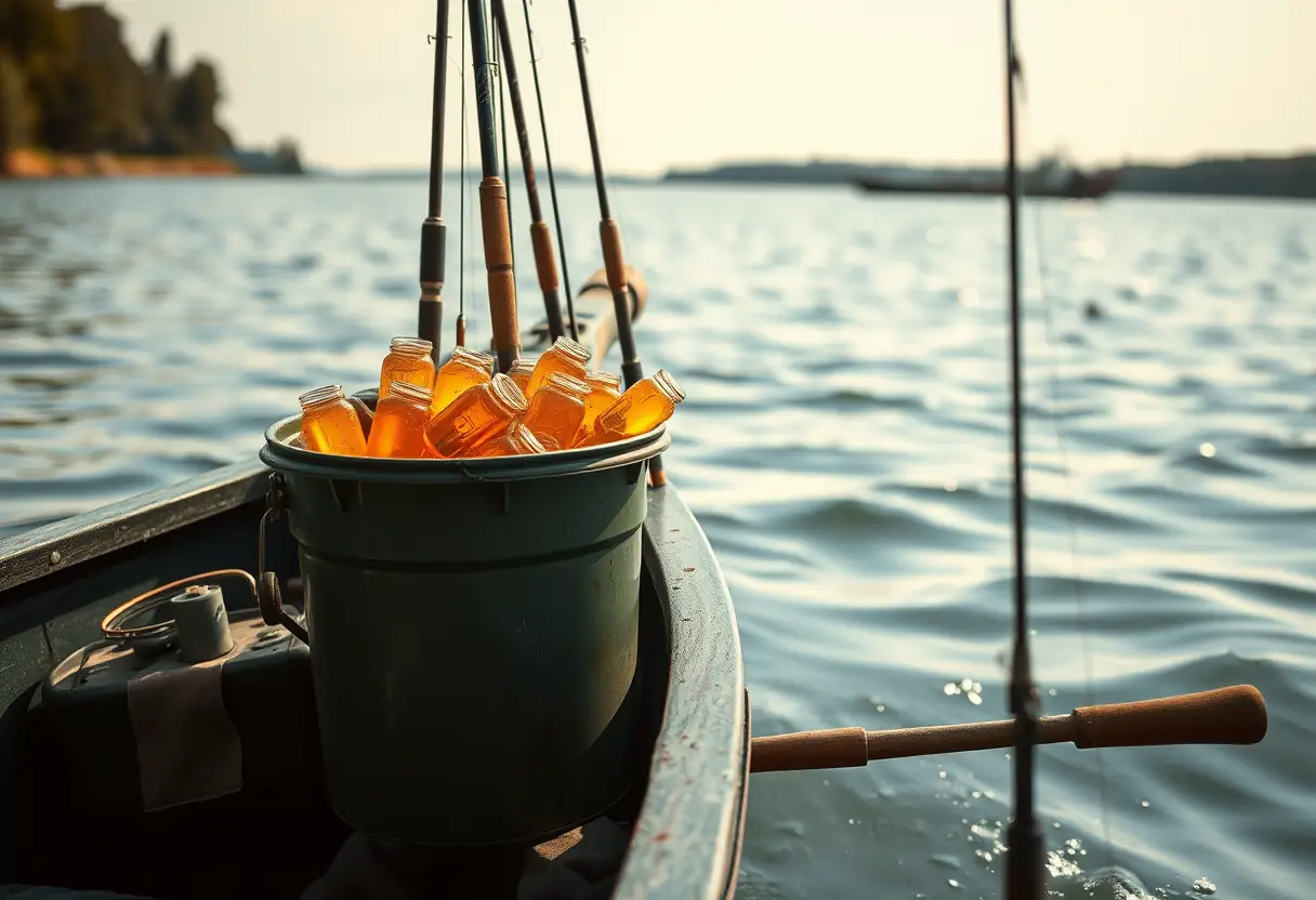 À l'arrière d'un lac tranquille, le bateau d'un pêcheur oscille doucement avec les vagues. À l'intérieur, un grand seau contenant une pâte maison est posé à côté d'une sélection de cannes et de moulinets