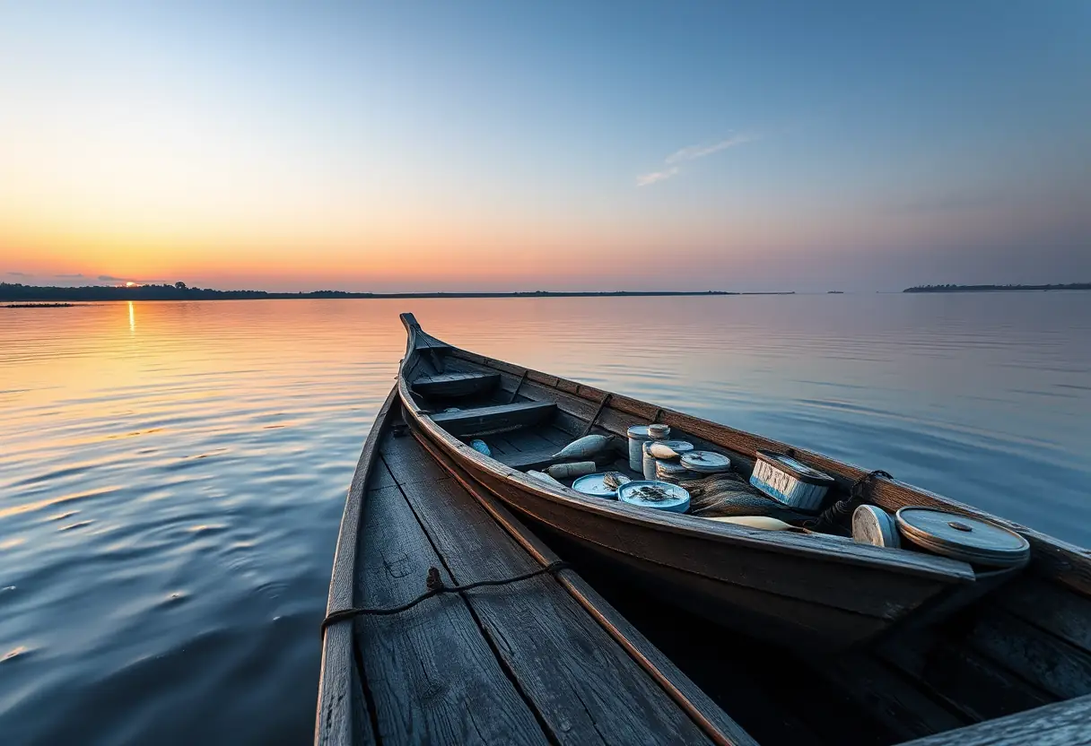 Un bateau en bois flotte sur un lac calme au crépuscule, chargé de divers appâts vivants.