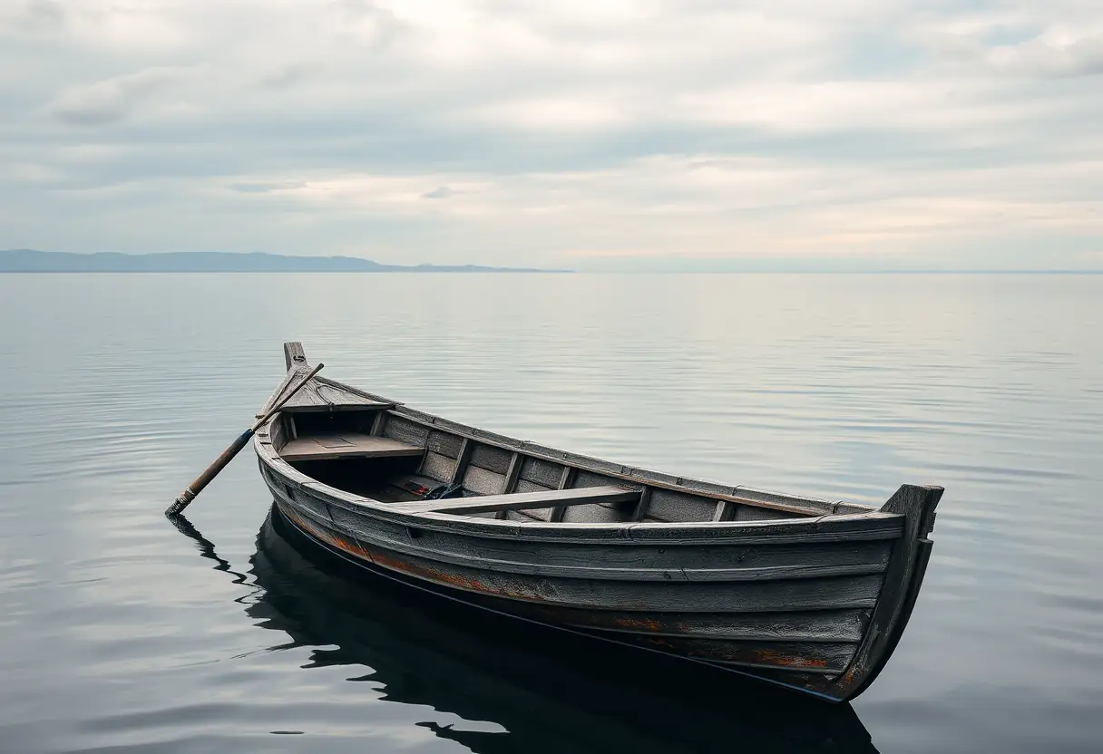 Bateau de pêche sur un lac calme avec une canne à pêche posée à côté