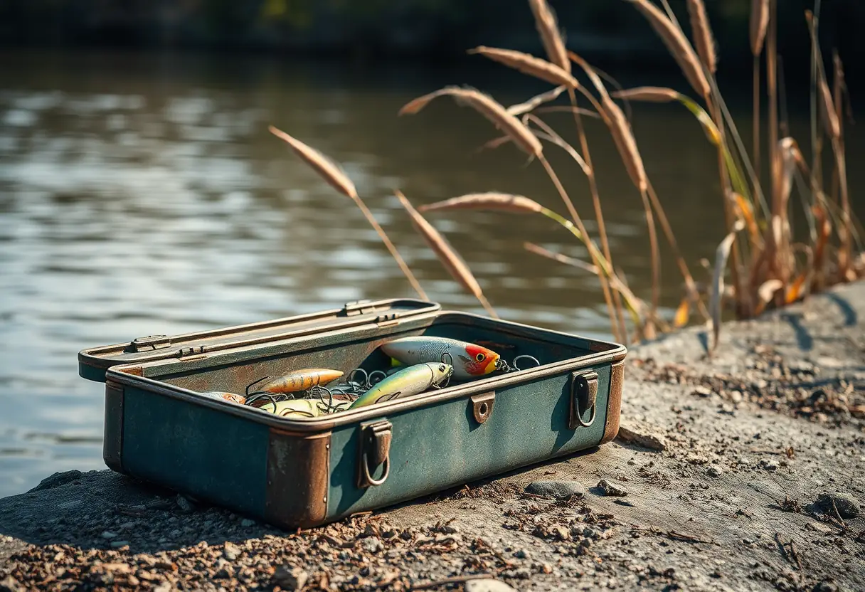 Une boîte à outils usée sur le bord d'un cours d'eau, révélant des appâts et des hameçons