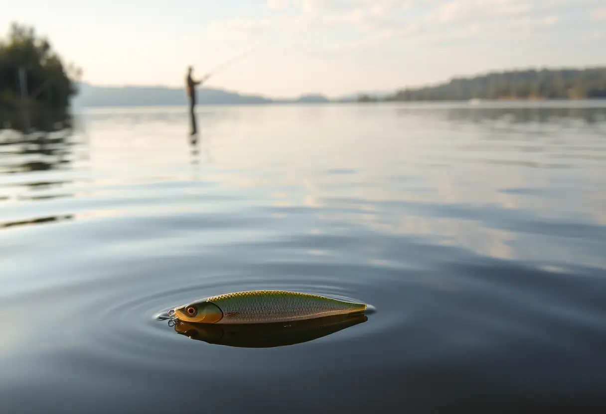 Un leurre souple flottant sur un lac calme