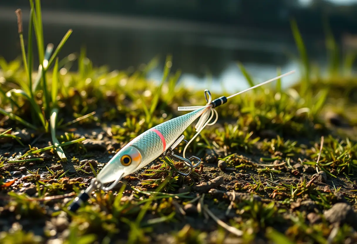 Une ligne fluorocarbone attachée à une mouche sur le bord d’un lac