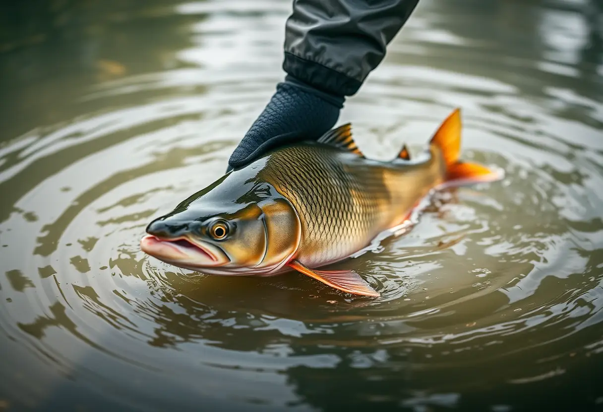 Une main gantée libère délicatement une carpe dans un cours d'eau trouble
