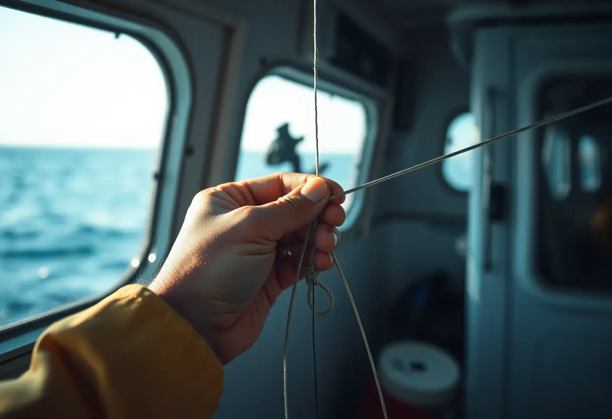 Une main nouant un nœud avec un fil de fluorocarbone dans la cabine d'une barque de pêche.