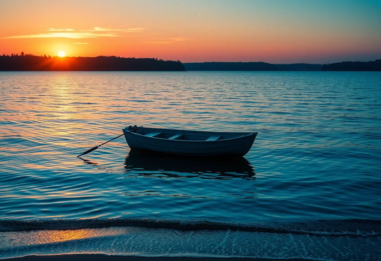 Canot de pêche sur un lac au lever du soleil