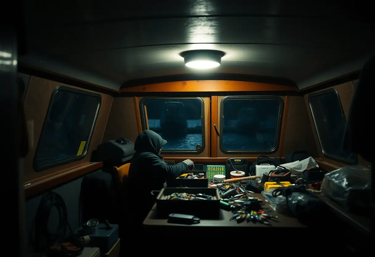 Un pêcheur trie ses leurres dans une cabine de bateau de nuit