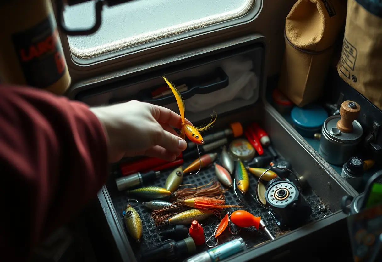 À l'intérieur d'une caisse à outils, la main d'un pêcheur atteint un leurre coloré, entouré de divers outils et accessoires, dans la lumière tamisée d'une cabine de pêche