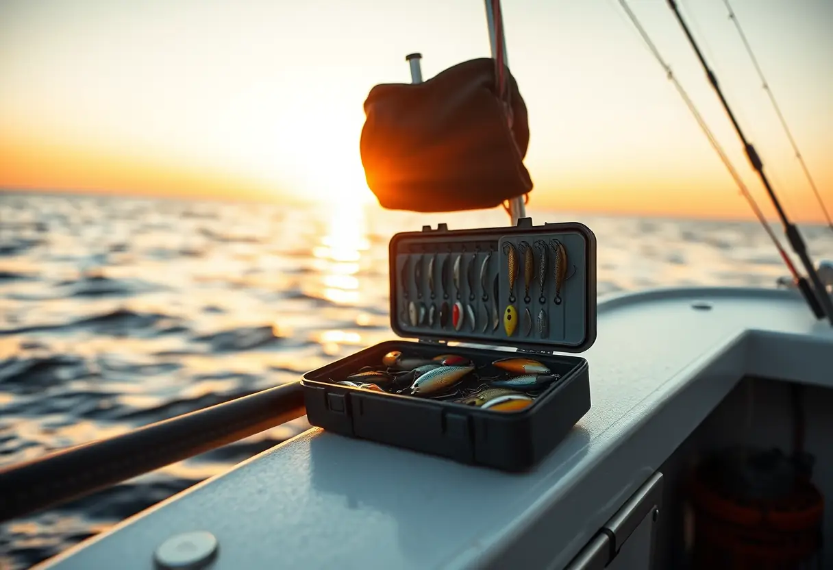 Une boîte à leurre ouverte sur le pont d'un bateau de pêche, sous le crépuscule