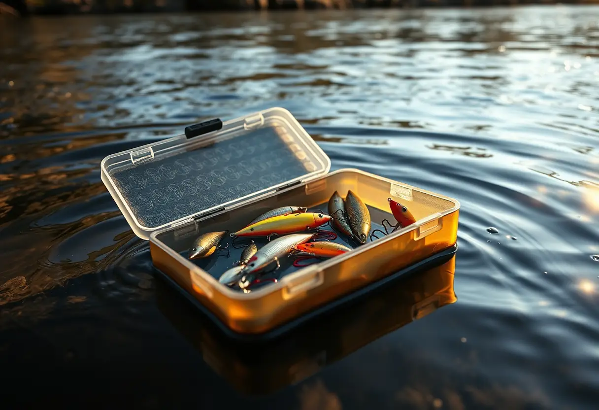 Une boîte à leurres partiellement immergée dans un fleuve avec ses lames ouvertes.