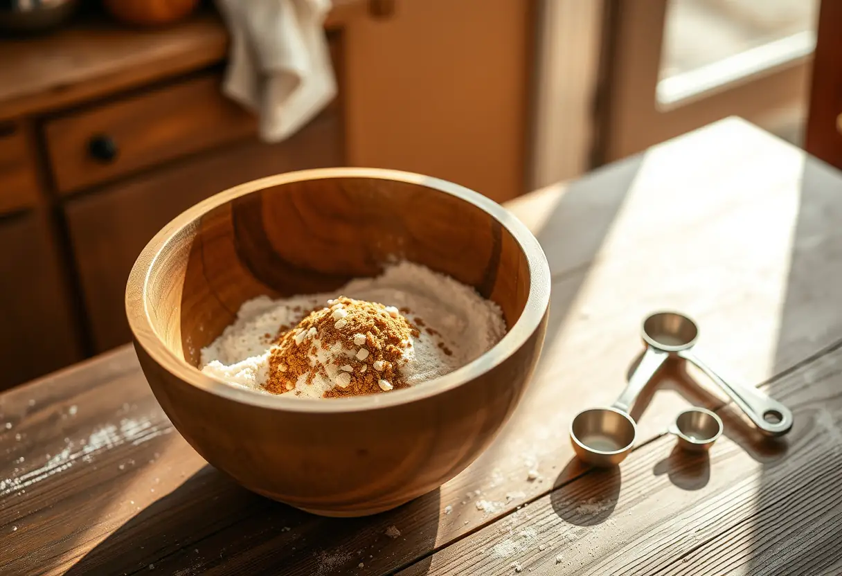 Un bol en bois contient une mixture de farine et d'attractifs sur une table de cuisine rustique