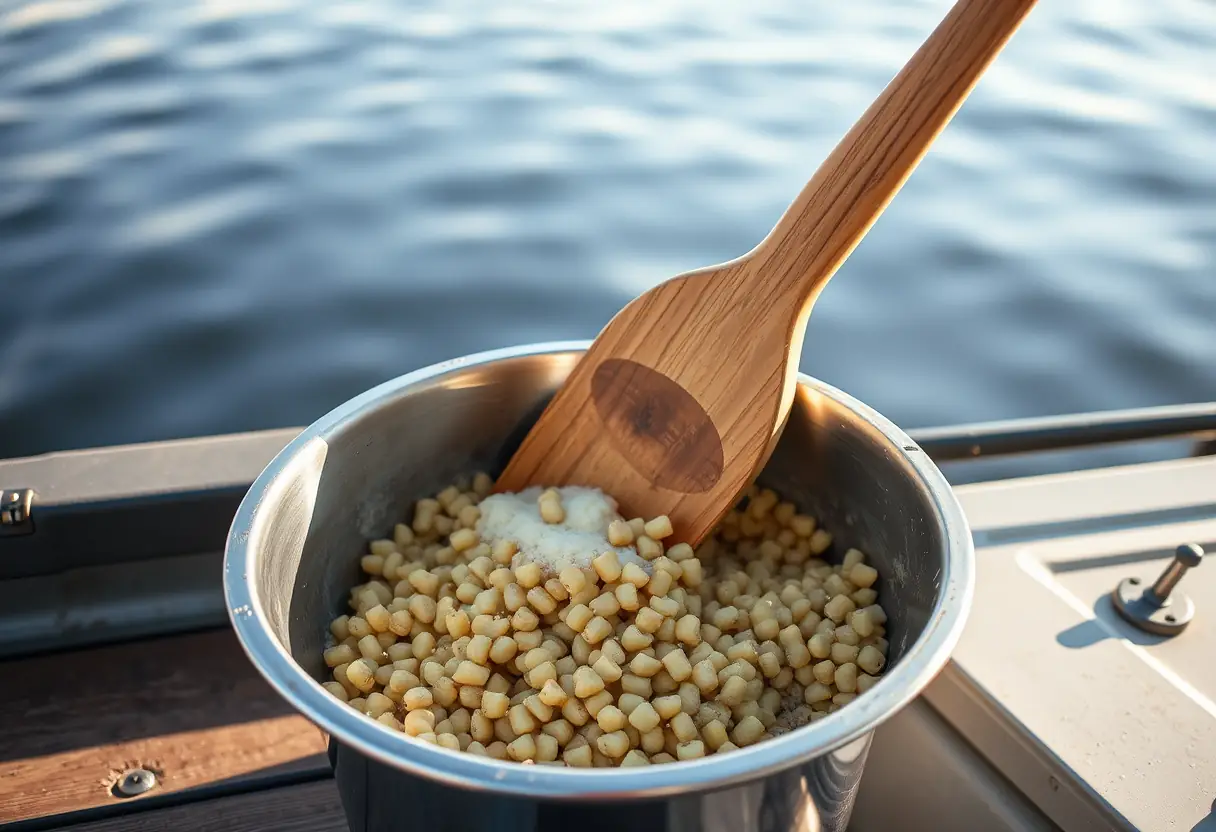 Un batonnier en bois mélange une mixture d'appât pour carpe sur le pont d'un bateau.