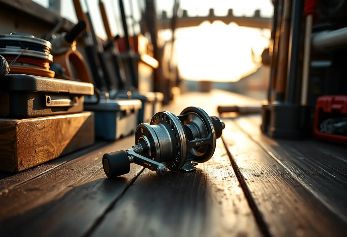 Plan focal sur un moulinet de pêche sur le pont d'un bateau