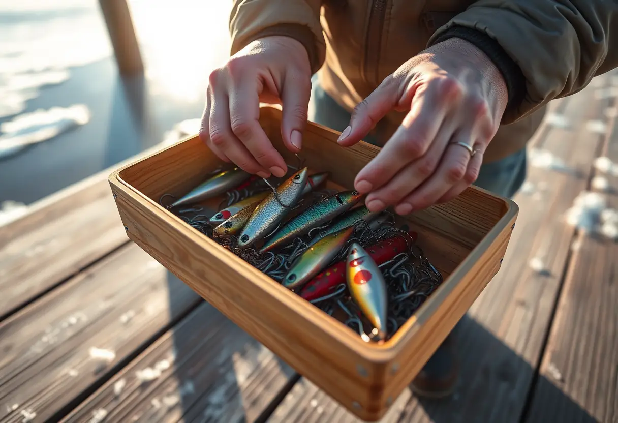 Des mains disposent soigneusement des leurres dans une boîte à outils sur un quai face à un lac gelé