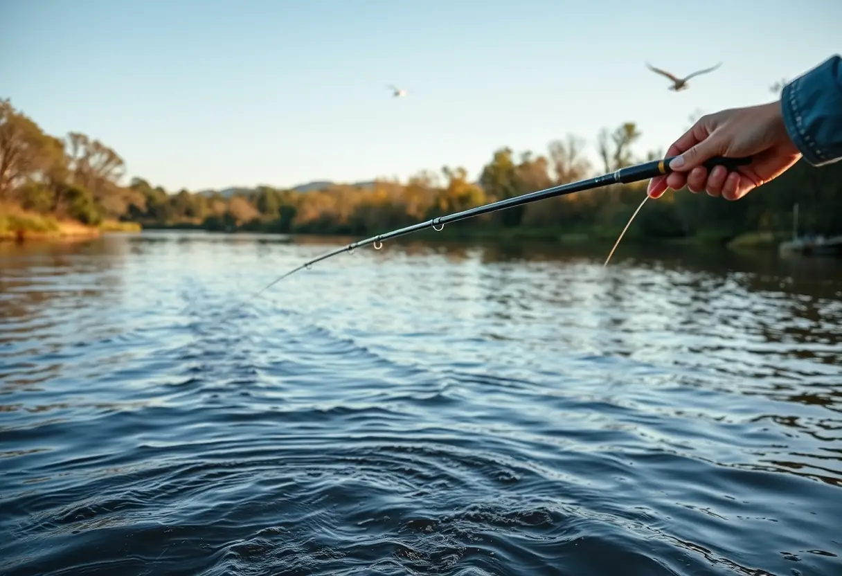 La canne à carpe est utilisée pour lancer une ligne dans une rivière paisible, avec des oiseaux qui se font entendre au loin