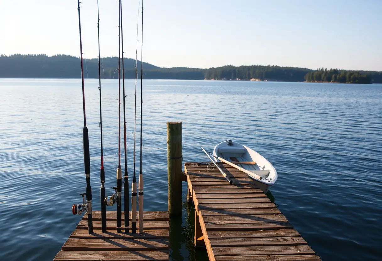 Des cannes à pêche appuyées contre un quai de bois sur un lac calme, lumière du soir.