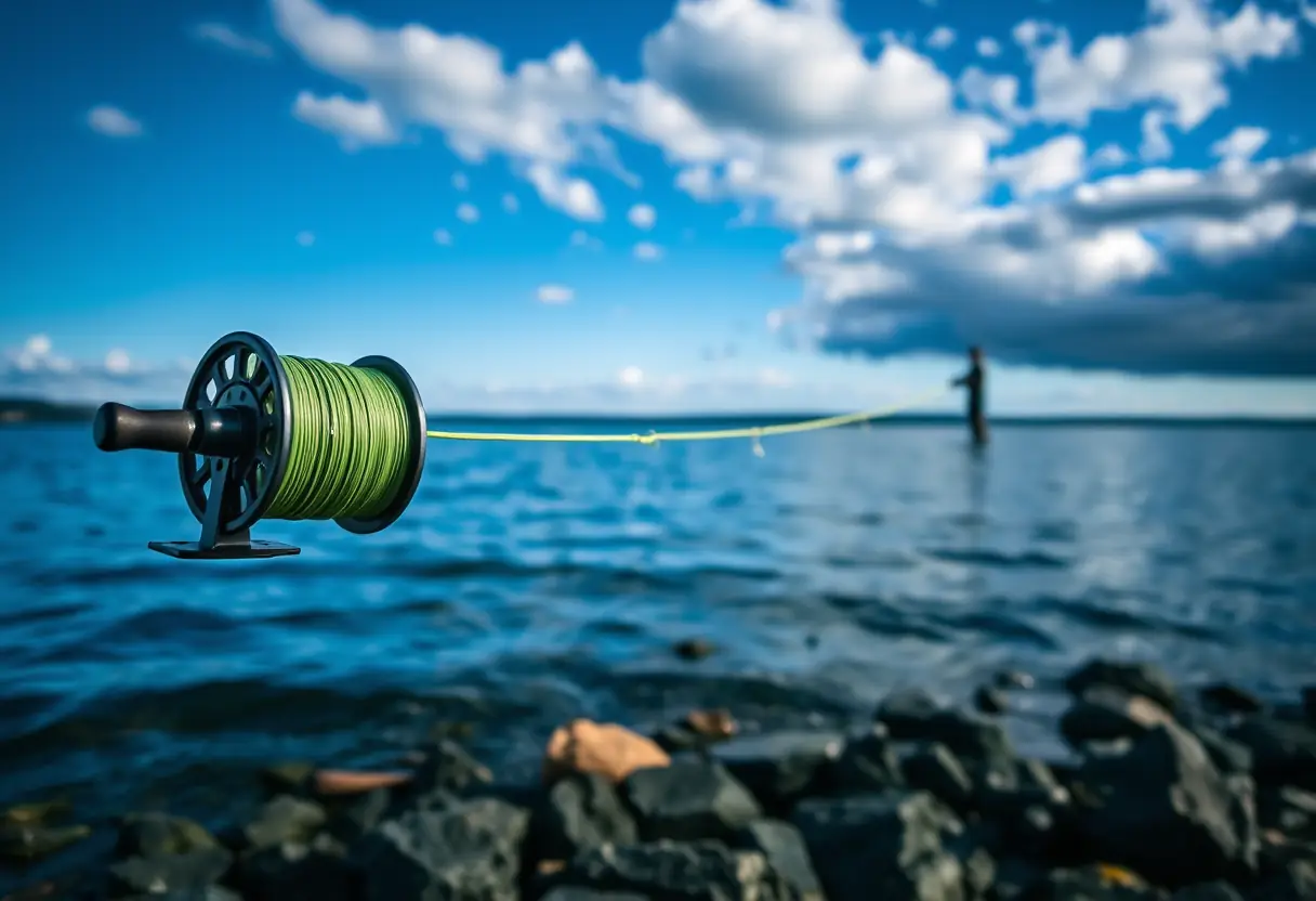Un moulinet de ligne de pêche défile sur un bord de lac rocheux, sous un ciel bleu profond