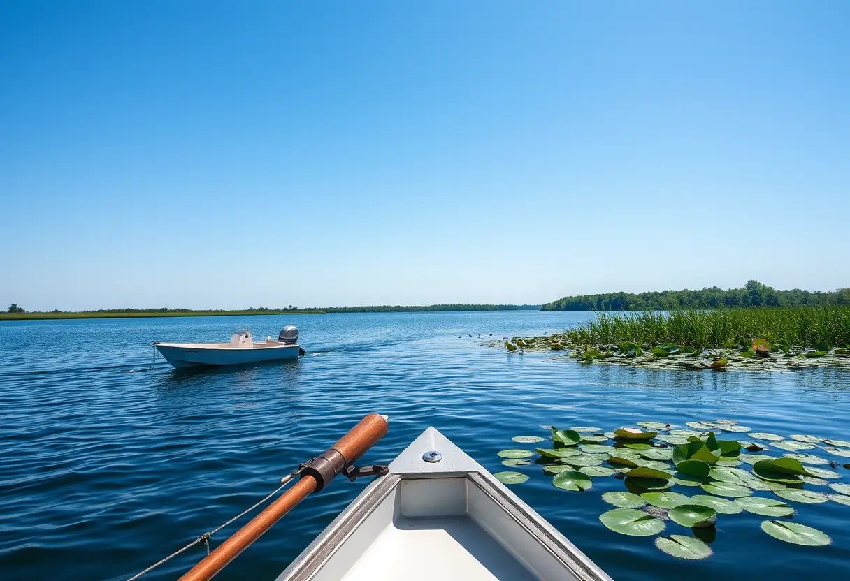Une barque dérive sur un lac, une canne à pêche reposant contre le bateau