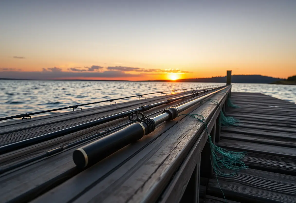 Des cannes à pêche sur un ponton, prêtes pour la prochaine lancé