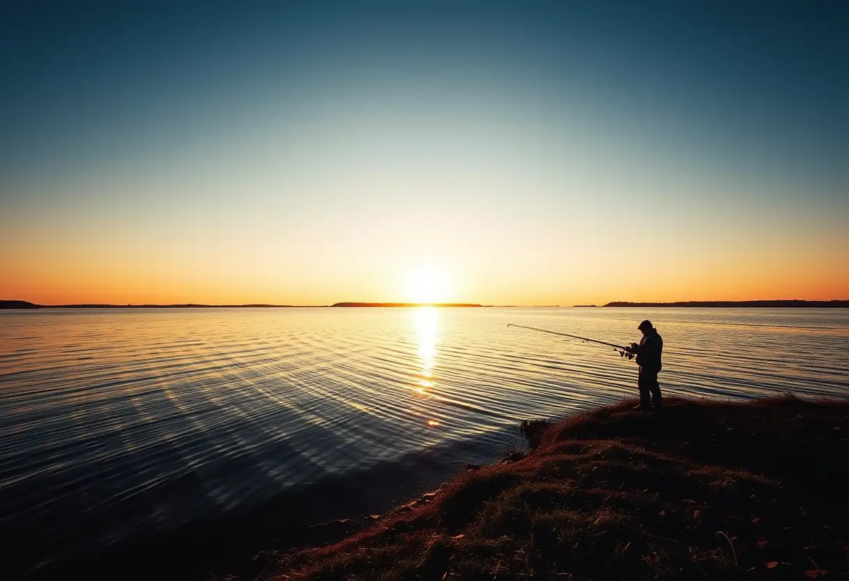 Vue large d'un lac serein au crépuscule, la réflexion du soleil couchant créant un éclat doré sur la surface de l'eau.