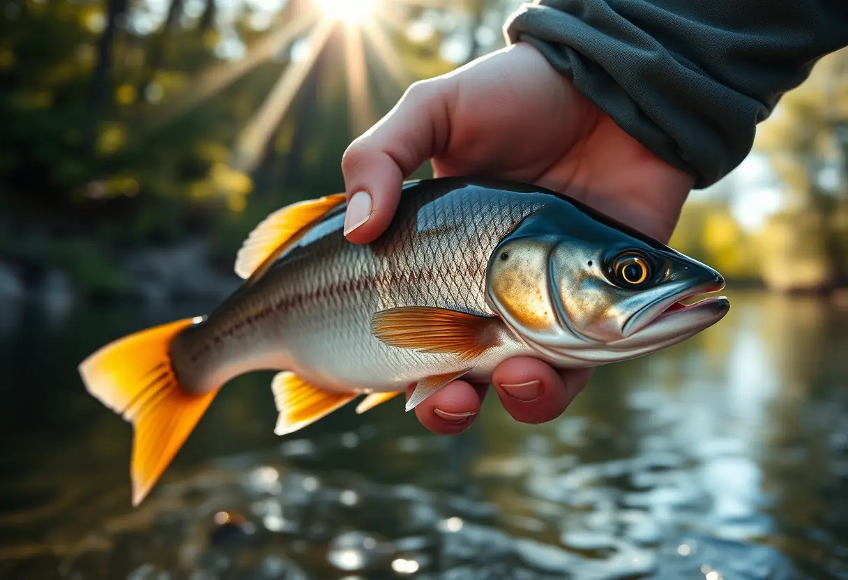 Une main tenant un poisson fraîchement capturé près de la rive, dans la lumière du soir
