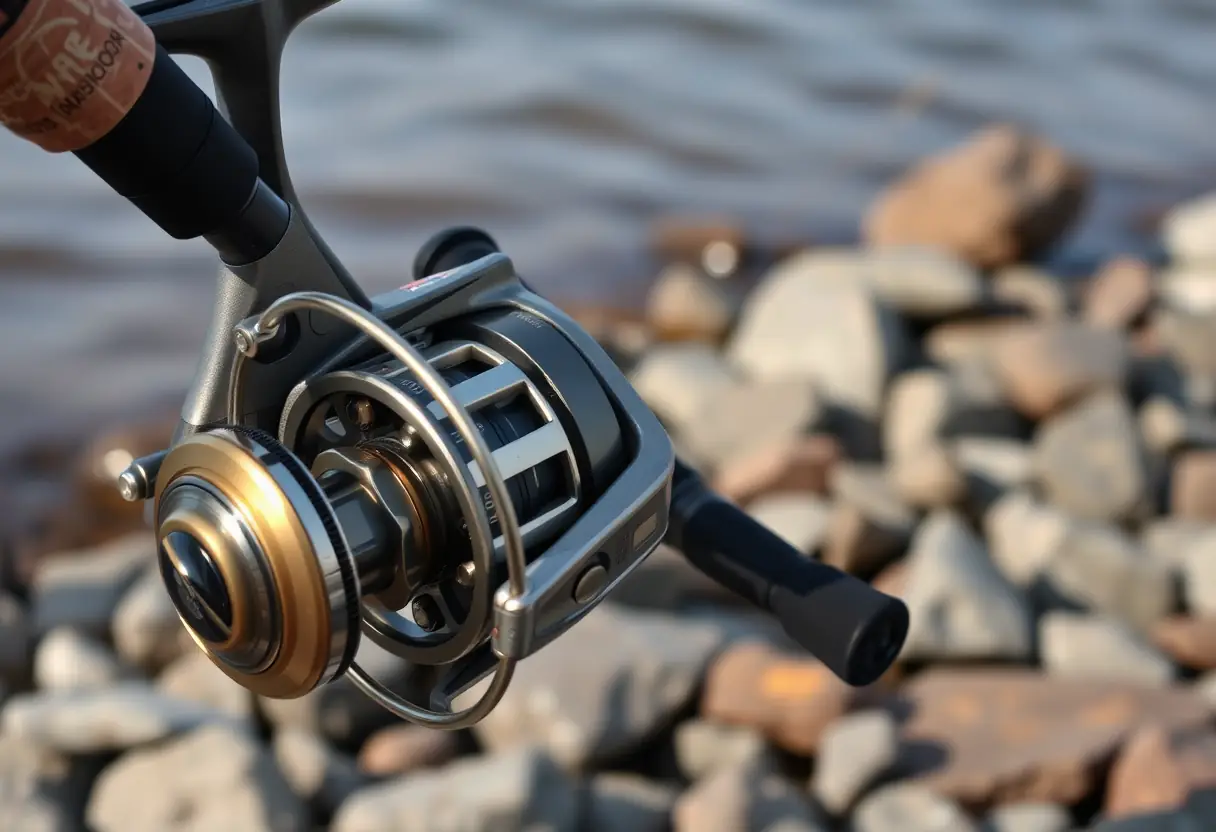 Un moulinet à spinning posé près de rochers au bord du lac