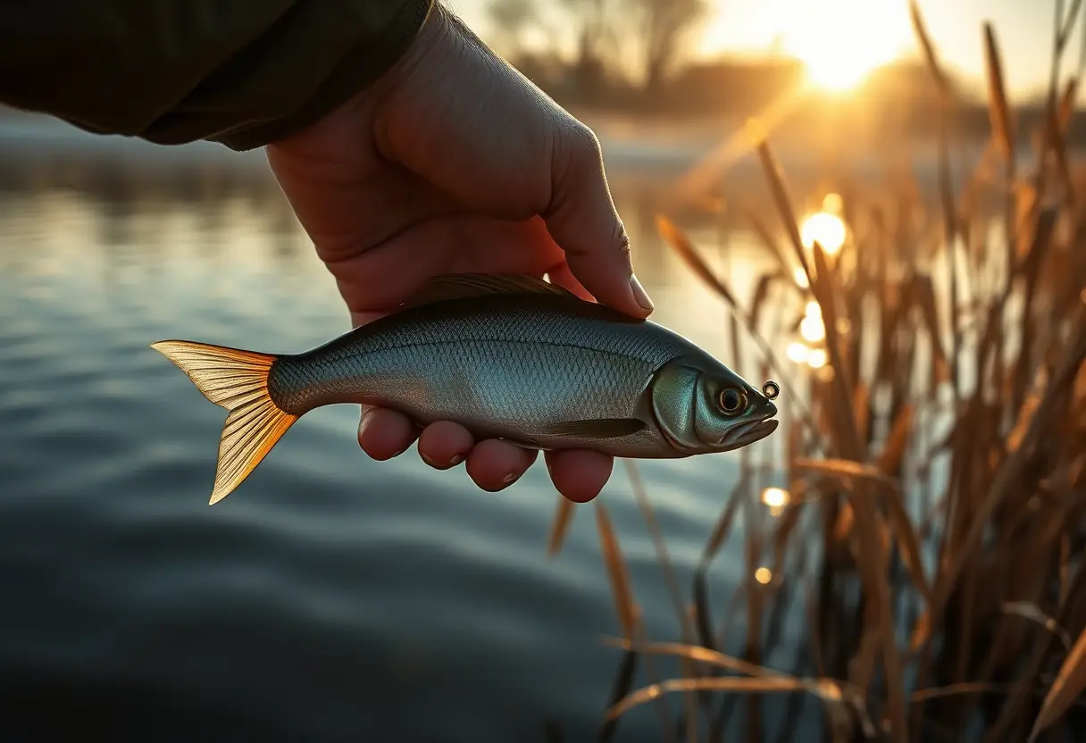 Une main de pêcheur tient délicatement un leurre shad près de l'eau calme du lac, la lumière du matin éclaire les roseaux.