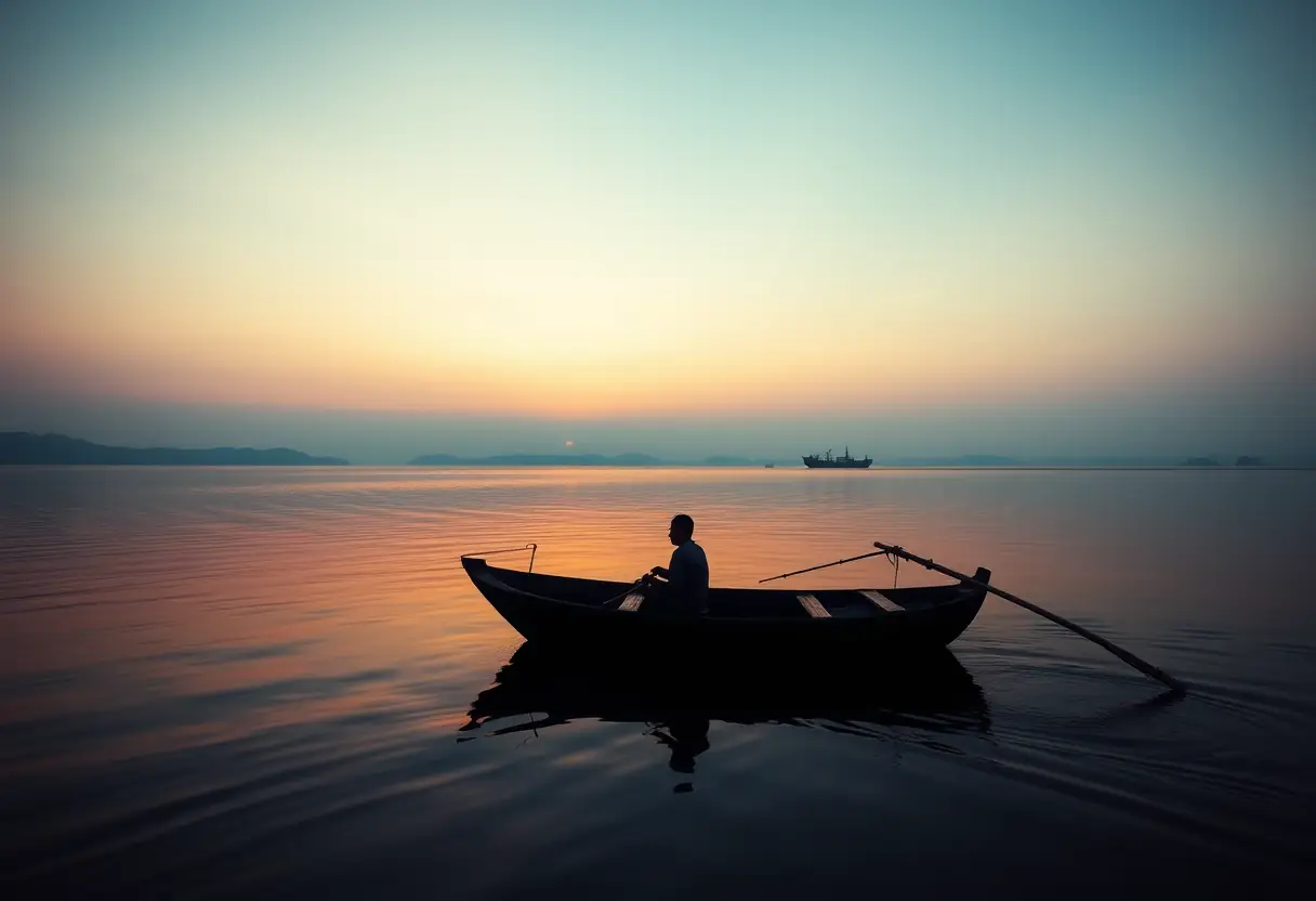 Vue large d'un lac au crépuscule, avec une barque où un pêcheur jette sa ligne dans l'eau calme