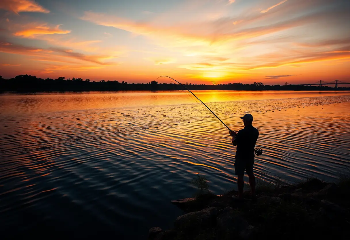 Vue panoramique d'un fleuve au crépuscule, montrant un pêcheur en silhouette prêt à pêcher la carpe