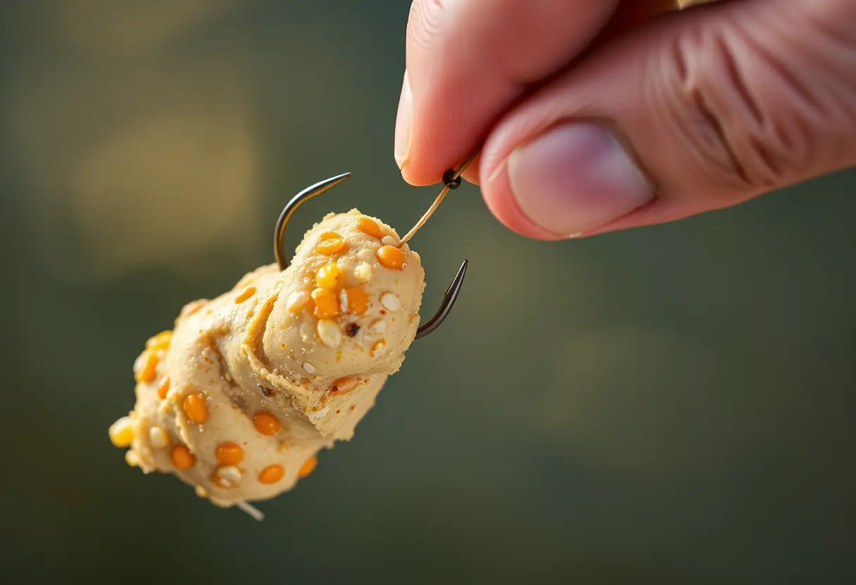 Une main prépare un appât fait maison pour attirer les carpes.