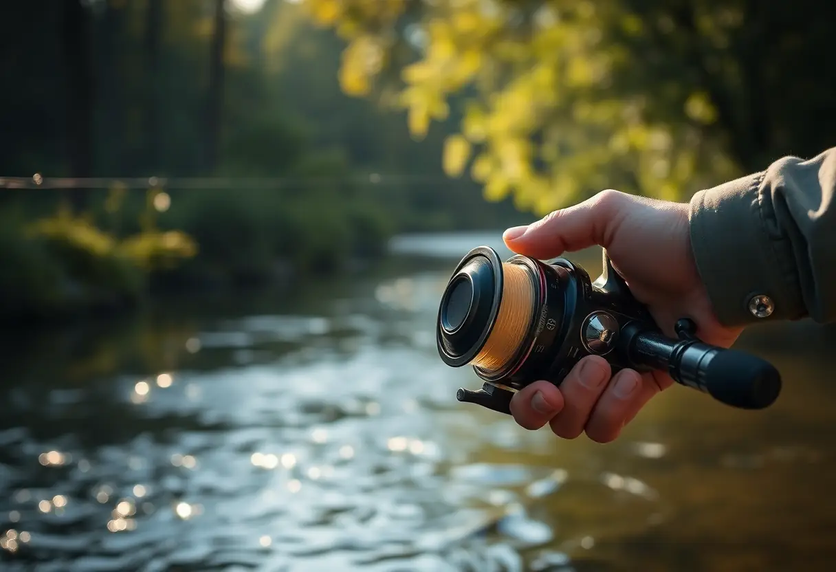 Une main tient un moulinet fixé à une canne en carbone prêt à être lancé pour la pêche des carpes et brèmes