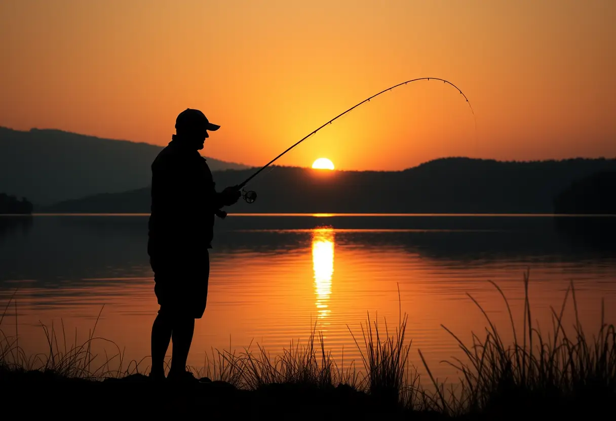 Un silhouetté de pêcheur jette sa ligne dans l'eau au coucher du soleil sur un lac serein.