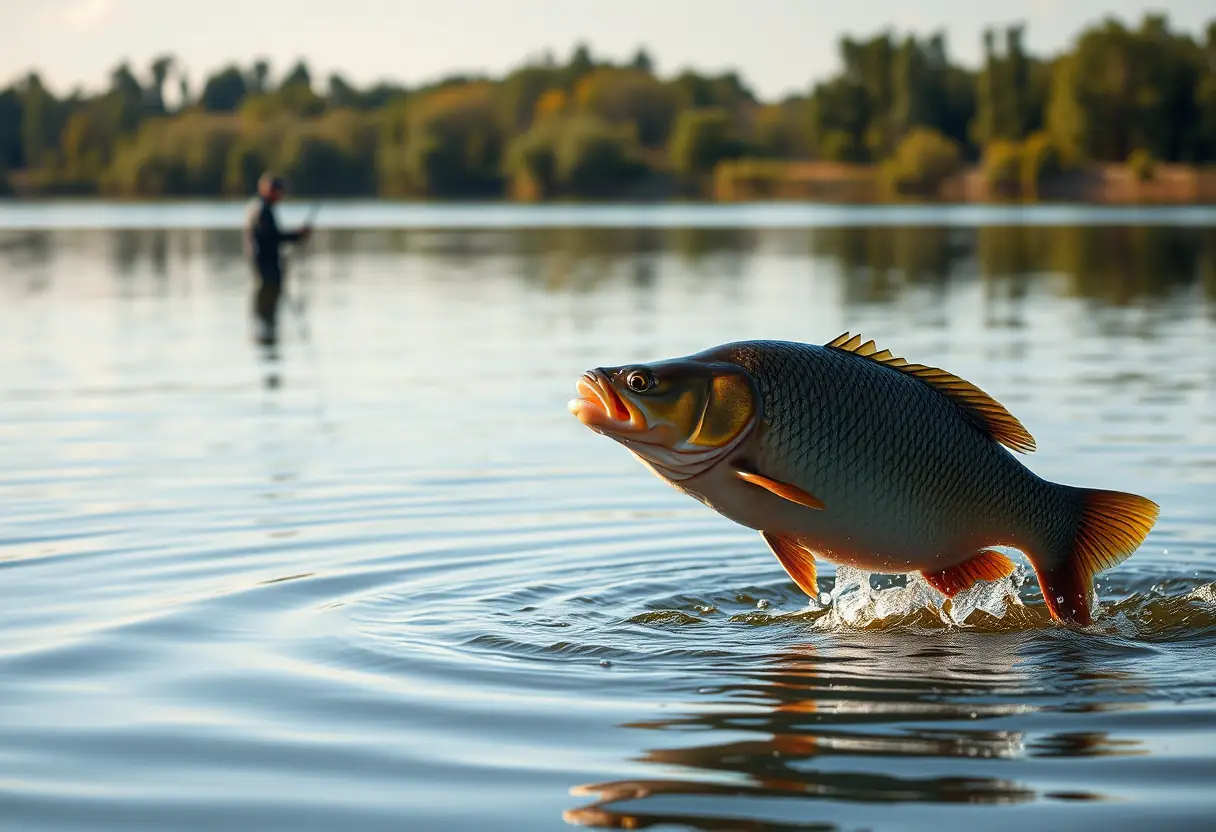 Un pêcheur qui caste sur un lac calme avec une carpe qui brise la surface de l'eau en premier plan