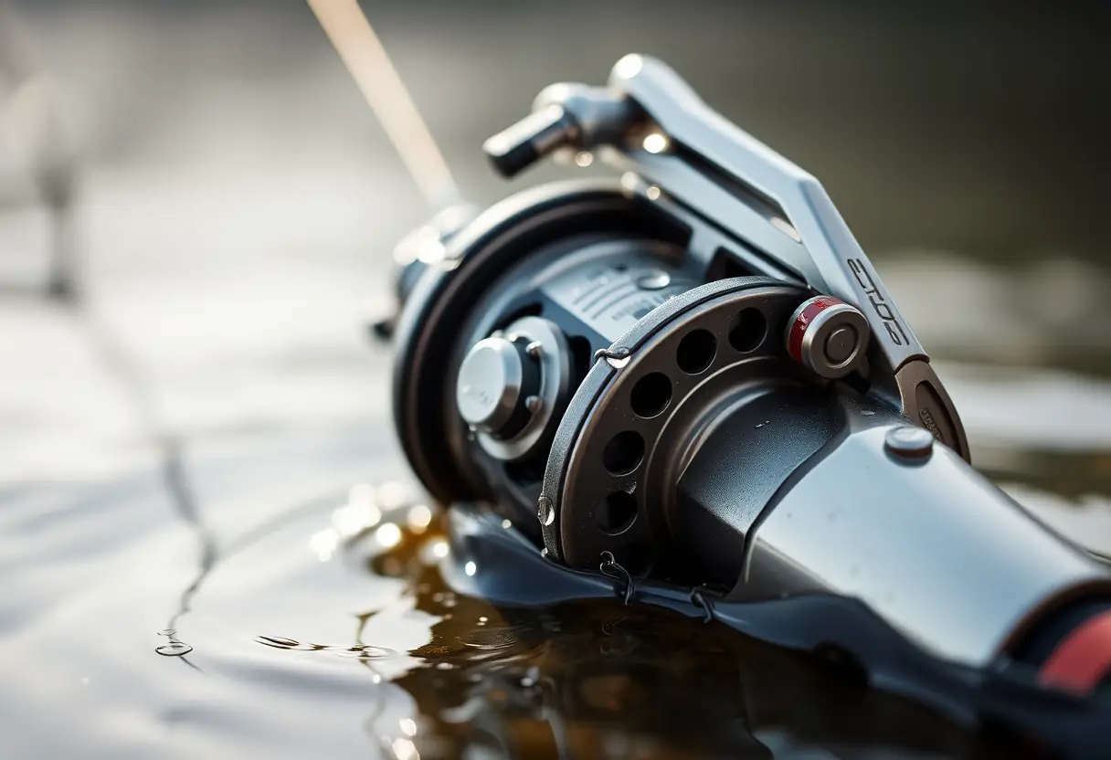 Vue rapprochée du mécanisme de la bobine d'une canne à pêche dans un lac