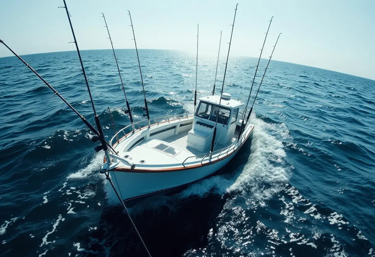 Un bateau de pêche en mer avec plusieurs cannes attachées aux côtés.
